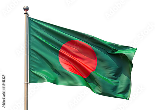 A close-up image of the Bangladeshi flag with a red circle on a green background, waving on a flagpole against a white backdrop. Generative AI photo