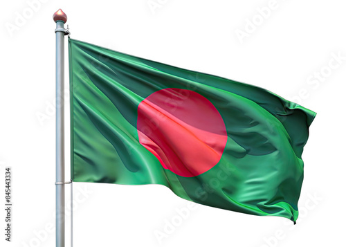 A green and red Bangladeshi flag is flying on a pole against a white background. The flag is waving in the wind. Generative AI