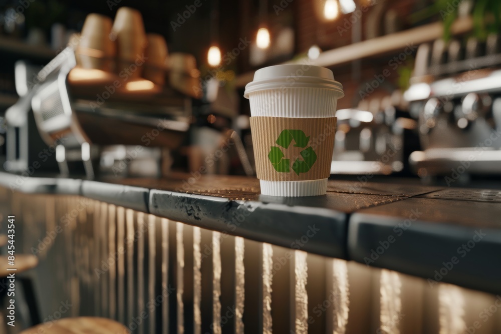 Eco-friendly coffee cup with recycling symbol at a modern cafe Eco-friendly coffee cup with recycling symbol at a modern cafe