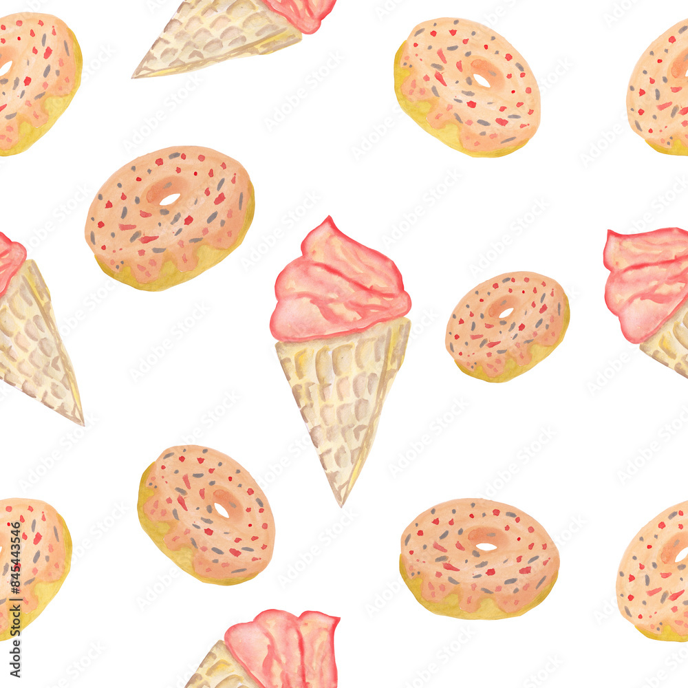 donut with sprinkles sweet pastries and ice cream cone seamless pattern watercolor illustration isolated on white background base for printing on cards. fabrics and dishes donut with sprinkles sweet pastries and ice cream cone seamless pattern watercolor illustration isolated on white background base for printing on cards. fabrics and dishes