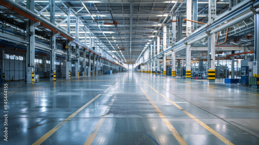 A large, empty warehouse with yellow lines on the floor, industrial background