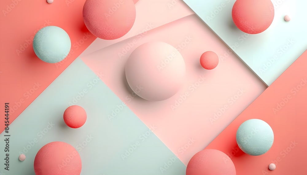 Colorful geometric background with floating 3D spheres and soft pastel colors for creative design and digital art. Flat lay composition, top view. Colorful geometric background with floating 3D spheres and soft pastel colors for creative design and digital art. Flat lay composition, top view.