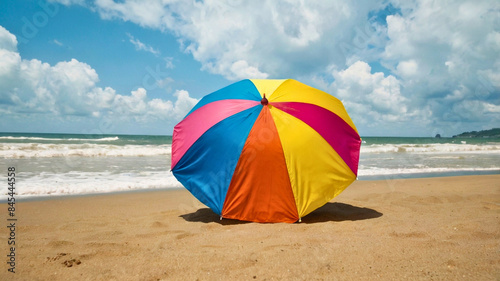 A beach umbrella that lies on the sand, and there are many collors. © RaeLi