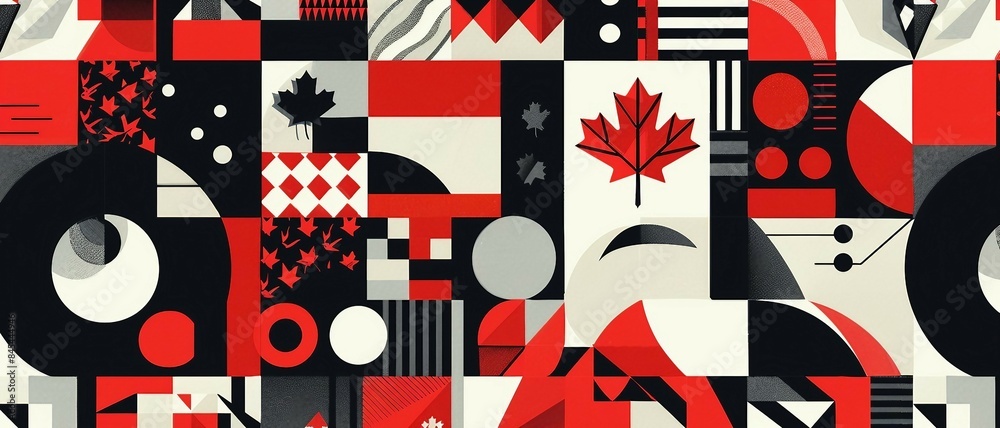 Obraz premium Canada background with geometric shapes rectangles, circles, and maple leaves in the colors of the Canadian flag. abstract elements inspired by Canadian landscapes.