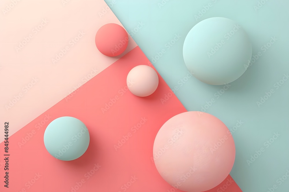 Colorful geometric background with floating 3D spheres and soft pastel colors for creative design and digital art. Flat lay composition, top view. Colorful geometric background with floating 3D spheres and soft pastel colors for creative design and digital art. Flat lay composition, top view.