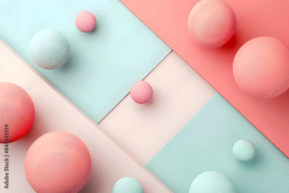 Colorful geometric background with floating 3D spheres and soft pastel colors for creative design and digital art. Flat lay composition, top view. Colorful geometric background with floating 3D spheres and soft pastel colors for creative design and digital art. Flat lay composition, top view.