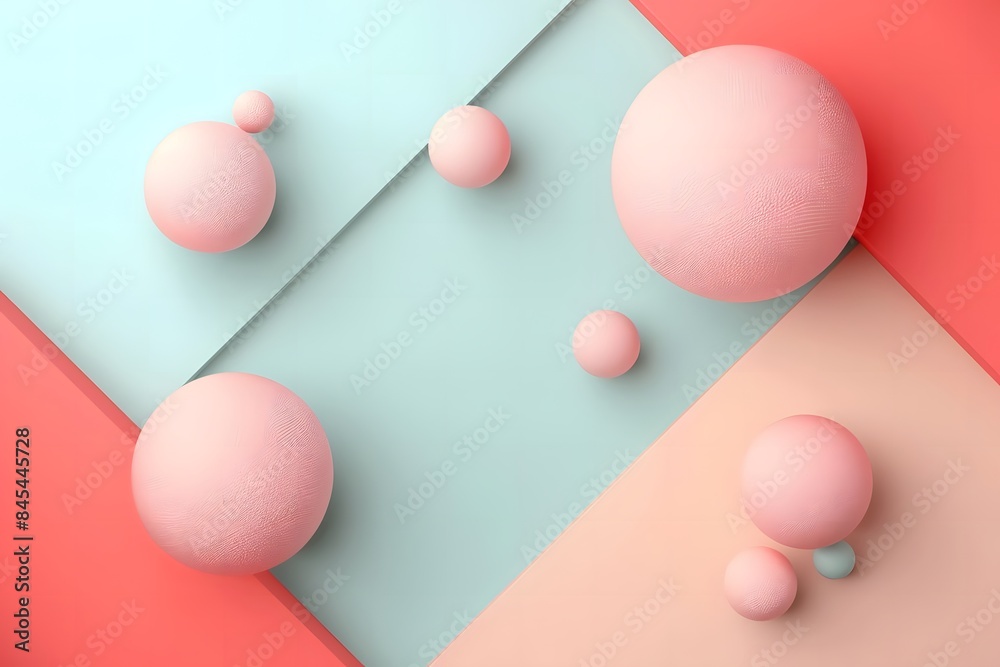 Colorful geometric background with floating 3D spheres and soft pastel colors for creative design and digital art. Flat lay composition, top view. Colorful geometric background with floating 3D spheres and soft pastel colors for creative design and digital art. Flat lay composition, top view.