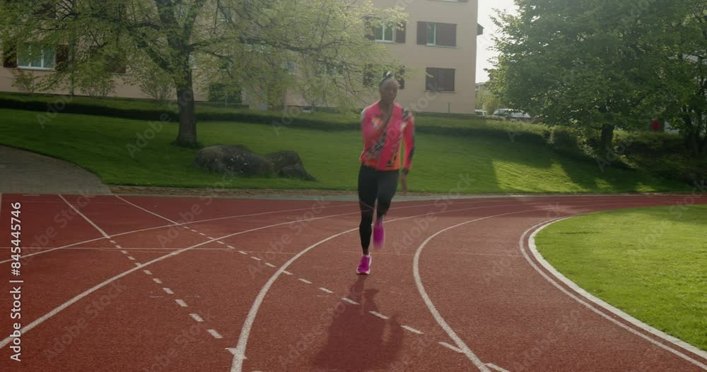 African American woman running on a track