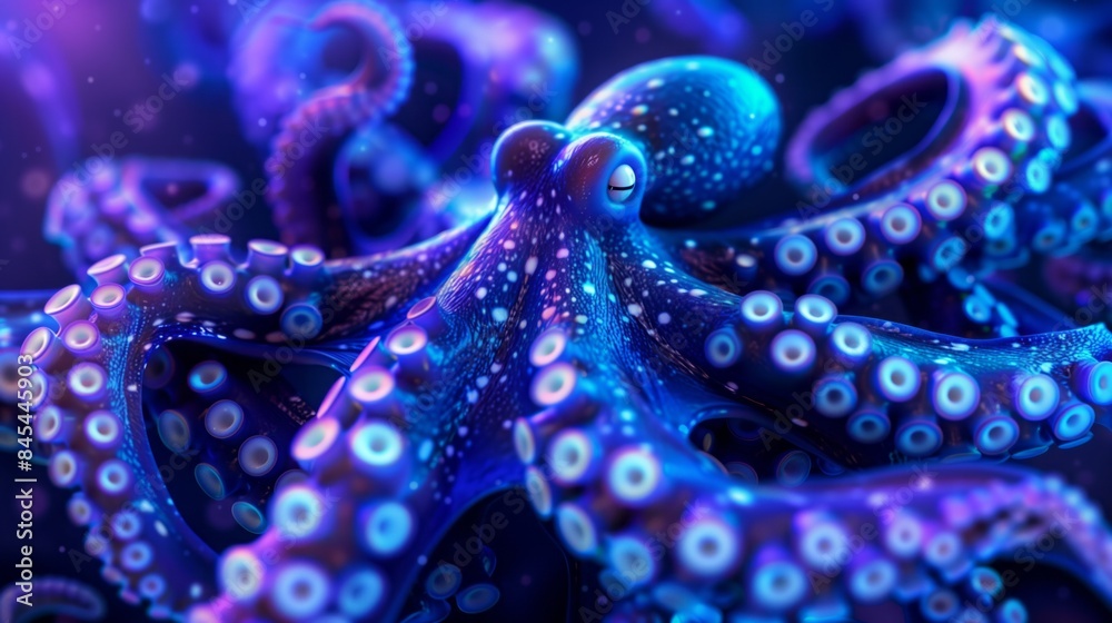 Obraz premium Close-up of octopus with many tentacles with luminous elements. Cephalopod mollusk with bioluminescence. Illustration for cover, interior design, poster, brochure or presentation.