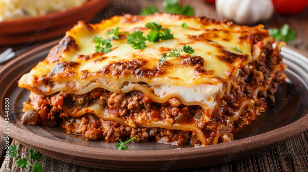Traditional homemade lasagna on rustic wooden table Traditional homemade lasagna on rustic wooden table