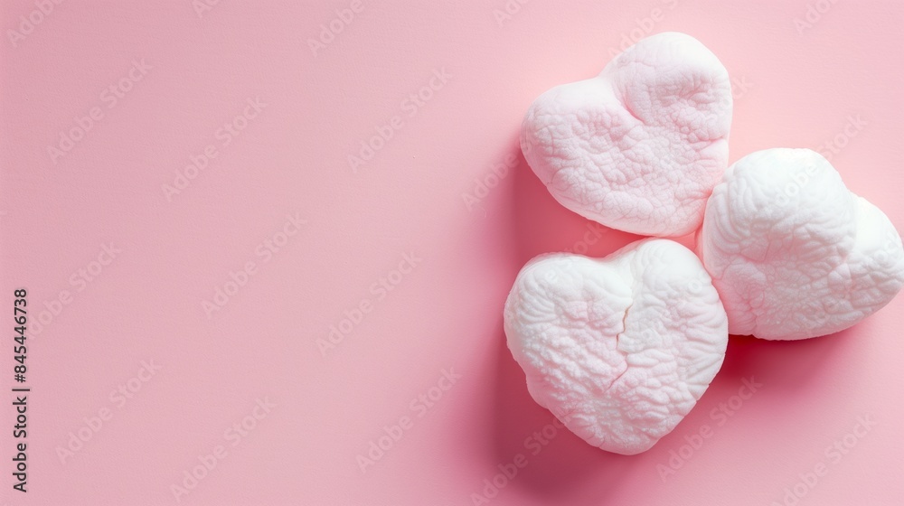 Two Heart Shaped Marshmallows on Pink Background.