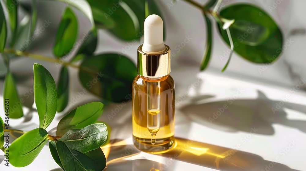 Golden serum bottle with dropper among fresh green leaves Golden serum bottle with dropper among fresh green leaves