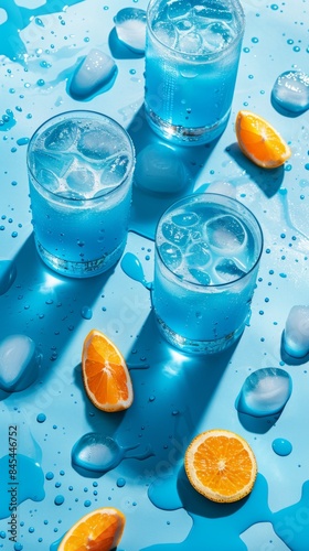 Refreshing citrus infused water in clear glasses with ice on blue background