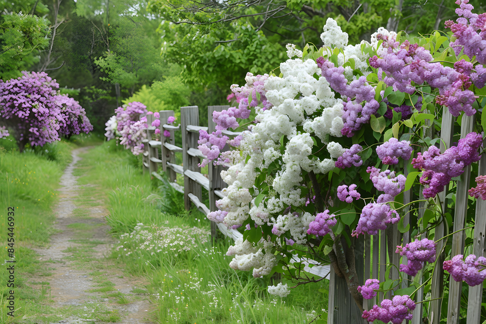 Obraz premium A charming shot of a row of blooming lilac bushes, their fragrant clusters of purple and white flowers creating a lush, colorful display, with a background of a quaint garden path and a rustic wooden