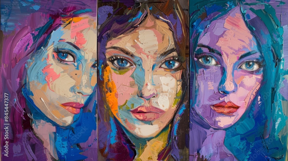Obraz premium Vivid triptych portrait of three expressive young women in art