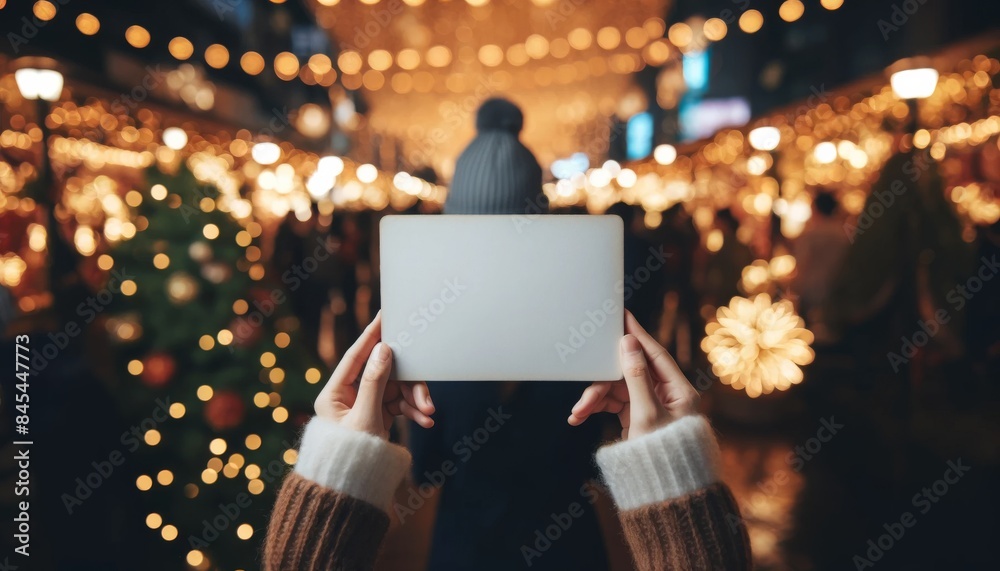 A person holding a blank rectangular sign in a Christmas theme with blurred background A person holding a blank rectangular sign in a Christmas theme with blurred background