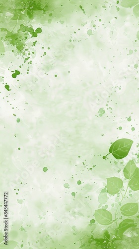 Fresh springtime nature backdrop with green watercolor splash and leaf motifs