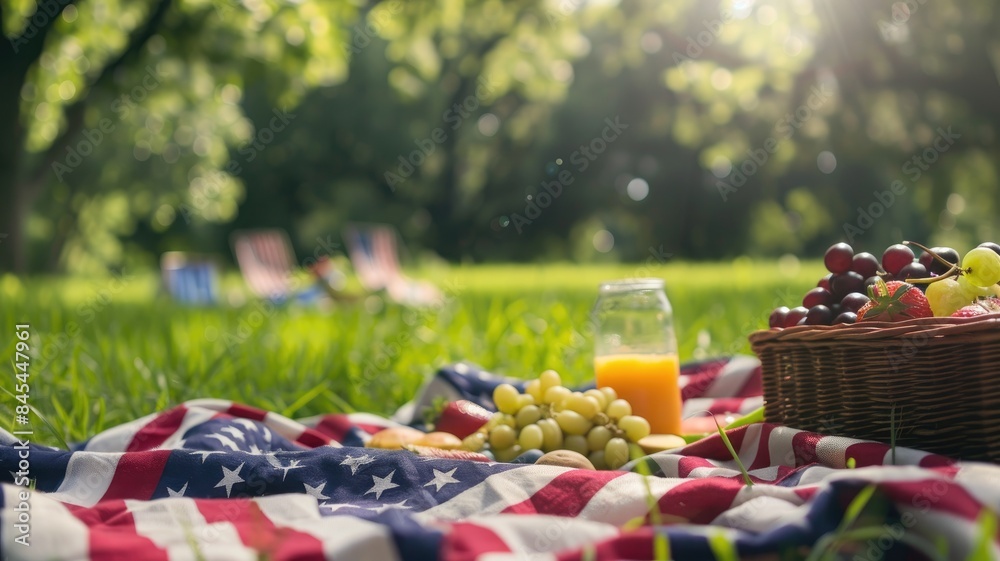 Outdoor picnic on sunny day with fruits and juice flag-themed blanket Outdoor picnic on sunny day with fruits and juice flag-themed blanket