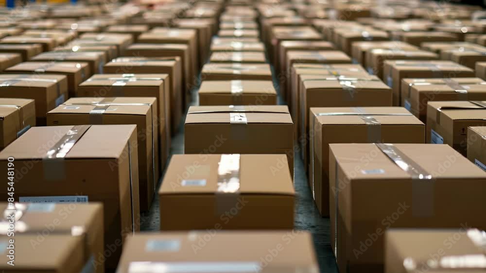 A warehouse filled with rows of ecofriendly shipping boxes ready to be filled with products and shipped out. A warehouse filled with rows of ecofriendly shipping boxes ready to be filled with products and shipped out.