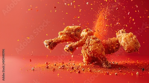 Fototapeta Naklejka Na Ścianę i Meble -  Fried chicken, crispy and crunchy, surrounded by spices flying in the air, set against a plain red background
