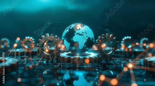 Global networks supporting the transformation of rusty gears into humancentric businesses, front view, demonstrating coordinated efforts, digital tone, Monochromatic Color Scheme