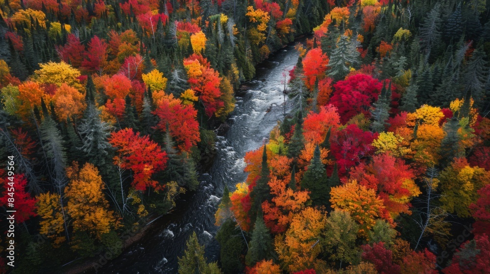 Vibrant Autumn Forest Panorama: River Meandering Through a Patchwork of Red, Orange, Yellow, and Green Trees from an Elevated Viewpoint Vibrant Autumn Forest Panorama: River Meandering Through a Patchwork of Red, Orange, Yellow, and Green Trees from an Elevated Viewpoint