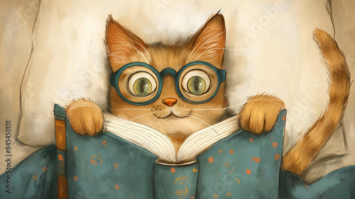 Illustration of a cat bookworm lying in a bed with a book photo
