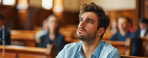 Man feeling guilty in a courtroom, solemn atmosphere, downcast eyes