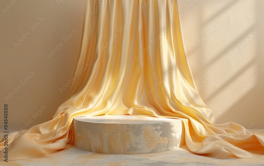 Beige creame pedestal with silk cloth curtain for product space free photography Beige creame pedestal with silk cloth curtain for product space free photography