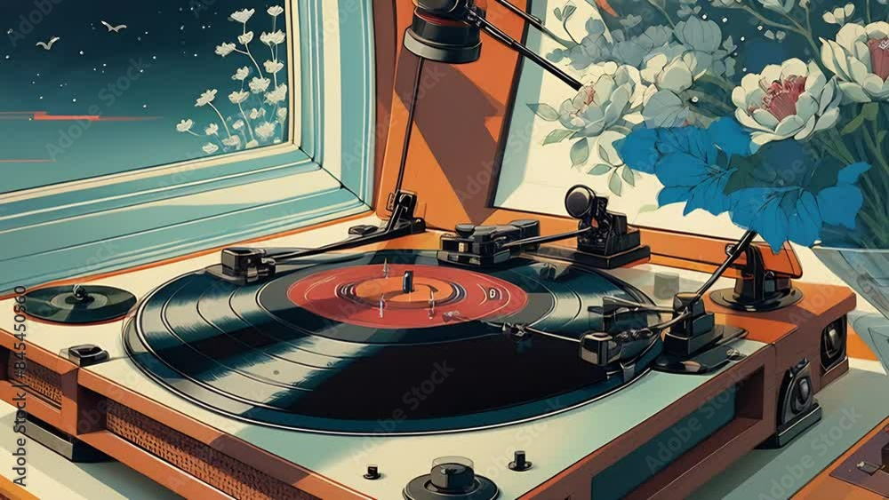 Vintage Turntable Playing Vinyl in Cozy Sunlit Room - Retro Music Vibes and Artistic Illustration