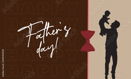 Father's Day illustration featuring a silhouette of a dad lifting his child, complemented by elegant typography and a red bow tie. Perfect for Father's Day cards, banners, and social media. Editable