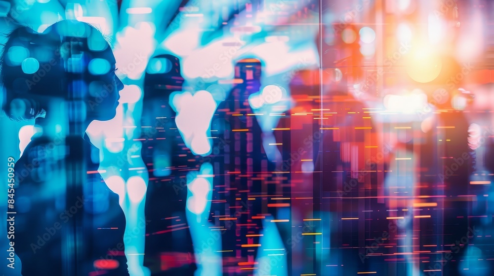 Futuristic abstract image of people and technology showcasing glowing data and digital interaction in a vibrant, neon-lit background.