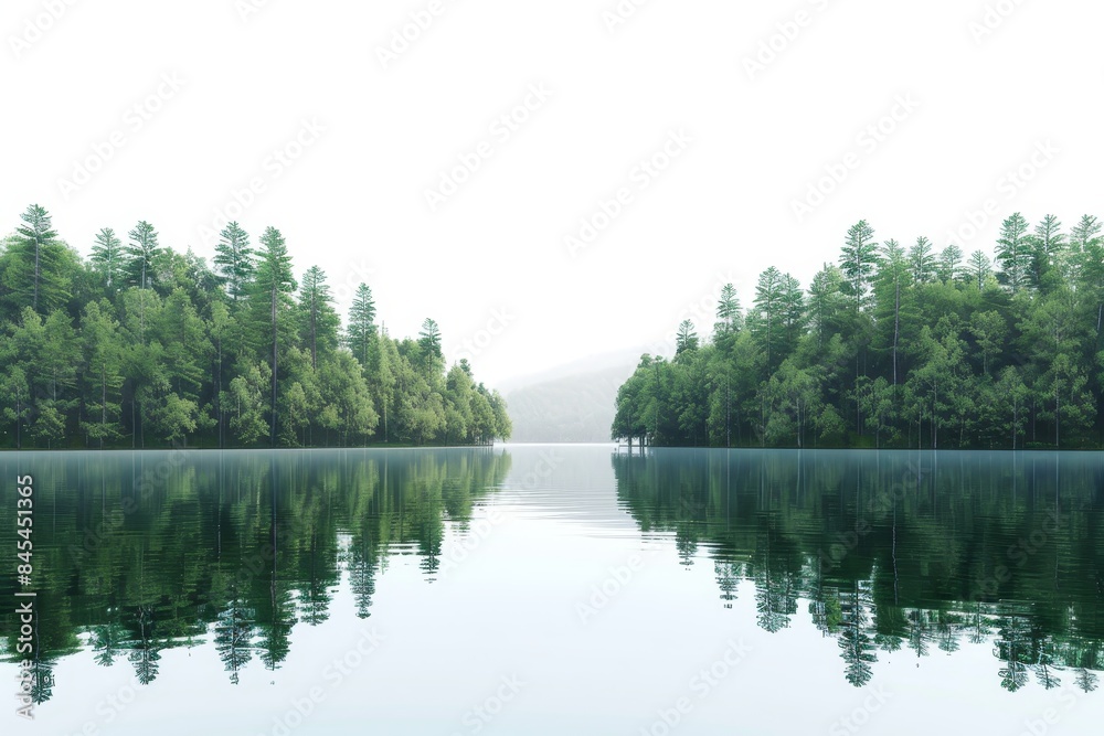 Serene lake landscape with trees reflected in the water, showcasing natural beauty and tranquility on a misty morning. Serene lake landscape with trees reflected in the water, showcasing natural beauty and tranquility on a misty morning.