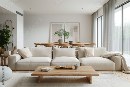 modern living room with sofa  An ultra-realistic image of a modern spacious living room featuring Scandinavian interior design
