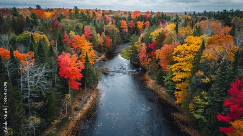 Vibrant Autumn Forest Panorama: River Meandering Through a Patchwork of Red, Orange, Yellow, and Green Trees from an Elevated Viewpoint