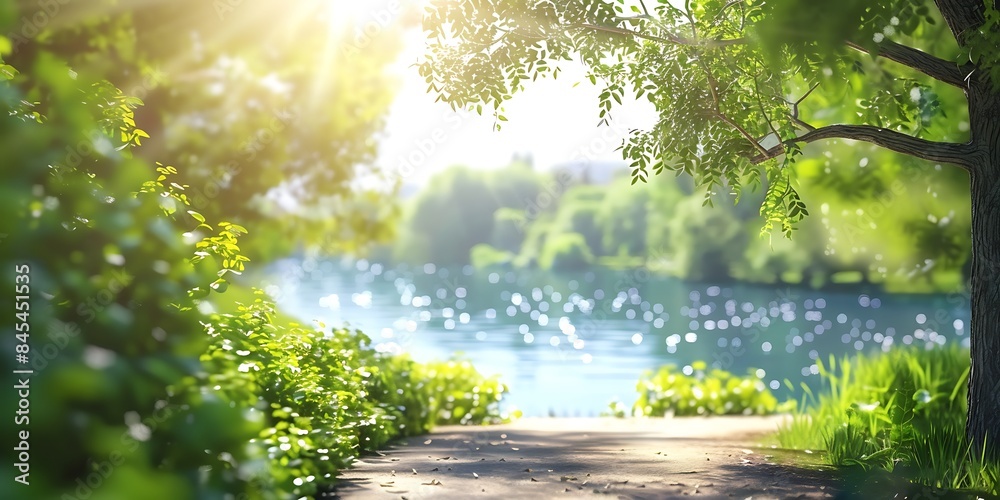 Fototapeta premium sun rays through the forest, Riverside Walk Tranquil blurred background image of a riverside walk with green trees, a calm river, and a bright sunny sky. 