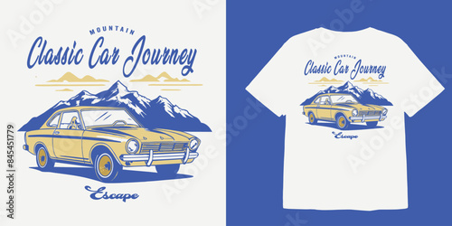 Design mountain classic car journey escape for t shirt design photo