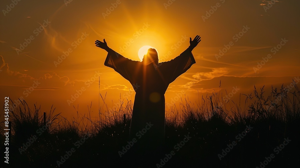 A silhouette of Jesus with arms raised up towards the sky, symbolizing redemption and spirituality A silhouette of Jesus with arms raised up towards the sky, symbolizing redemption and spirituality