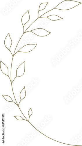 Monochrome golden curved tree branch with leaves line art decor element for logo design vector