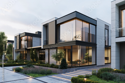modern building in the city, An ultra-realistic image of modern modular private houses showcasing sleek residential architecture