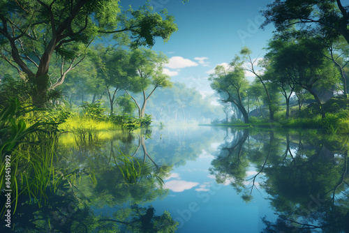 reflection of trees in water, An ultra-realistic image of a serene body of water, such as a pond, lake, or river, during calm weather