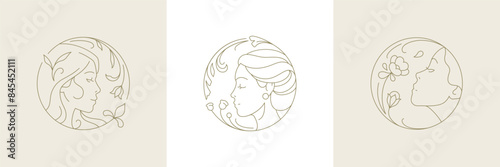 Beautiful woman face smell botanical flowers in golden circle frame line art logo set vector