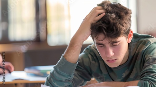 Teen feeling panicked during an exam, quiet room, sweaty brow photo