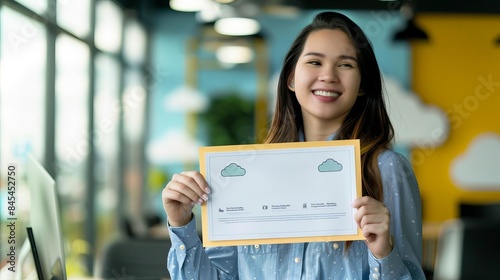 Woman feeling accomplished after a cloud certification  holding certificate  proud smile
