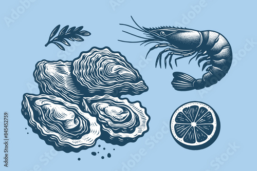 Sea food set. Oysters. Shrimp. Rosemary. Lemon.  vintage blue engraving illustration. isolated object. Icon, logo, emblem.