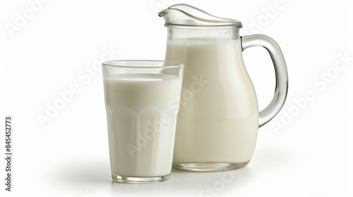 A glossed glass pitcher and a tall glass filled with fresh milk on a white background. Perfect for dairy ad displays, health articles, and nutritional content. 