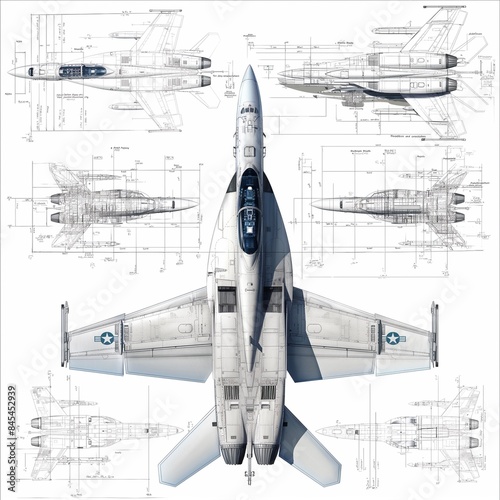 High-resolution blueprint of an F-18 Super Hornet, showcasing intricate details and technical specifications. Ideal for educational and professional presentations.