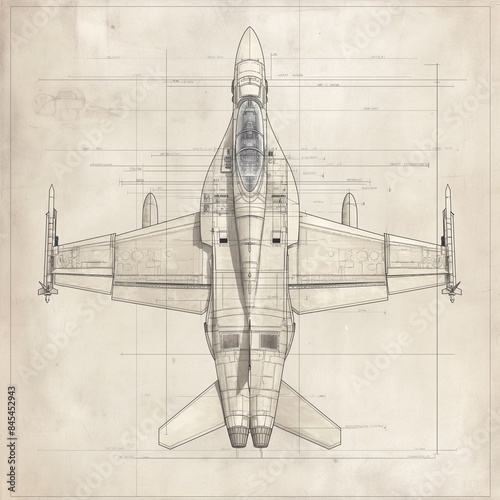 Detailed blueprint illustration of an F-18 Super Hornet in 4K resolution, perfect for aviation enthusiasts and technical designs. Ideal for educational and professional use. photo