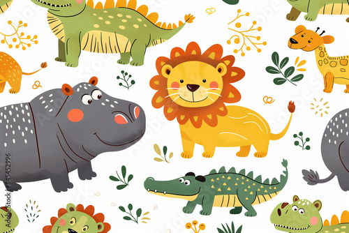 set of cartoon animals  Safari animals seamless pattern featuring cute hippo  crocodile  and lion. This charming pattern design captures the playful essence of safari wildlife