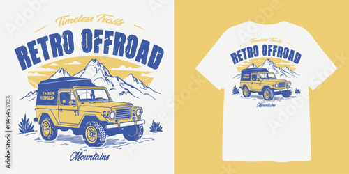 Hand drawn off road car illustration design with vintage style and text timeless trails retro off road mountains for t shirt design photo
